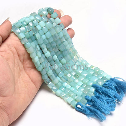 Fine Quality Blue Chalcedony Faceted 3D Cube Box Gemstone Beads, Light Blue Chalcedony Cube Indian Cut Chalcedony Beads Jewelry making Craft