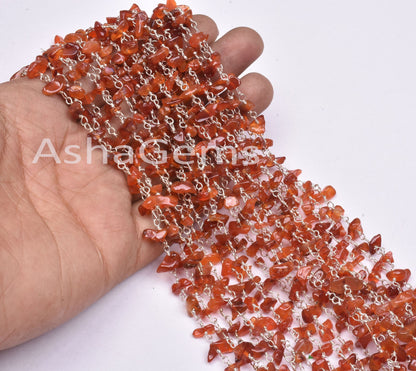 Beautiful Orange Carnelian Smooth Uncut Rosary Chain, Natural Carnelian Silver Plated Wire Wrap Chain Jewelry Making Crafts Handicrafts SALE