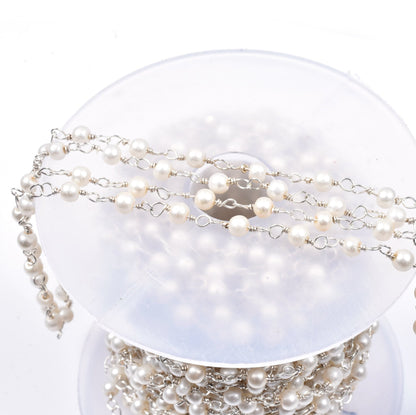 SALE 3,5,10,25 Ft White Pearl Hydro Faceted Rondelle Beaded Rosary Chain Silver Plated Wire,Jewelry Making Finding,Wire Wrapped Chain 3-3.5