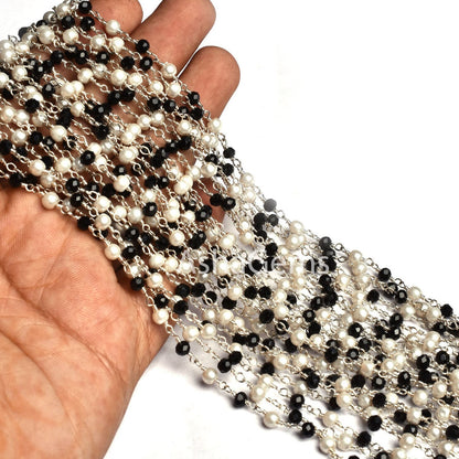 3,5,10,25,50 Feet Pearl Black Onyx Hydro Beads Rosary Chain Silver Plated Chain Faceted Rondelle Beads Rosary Chain Jewelry Making Chain DIY