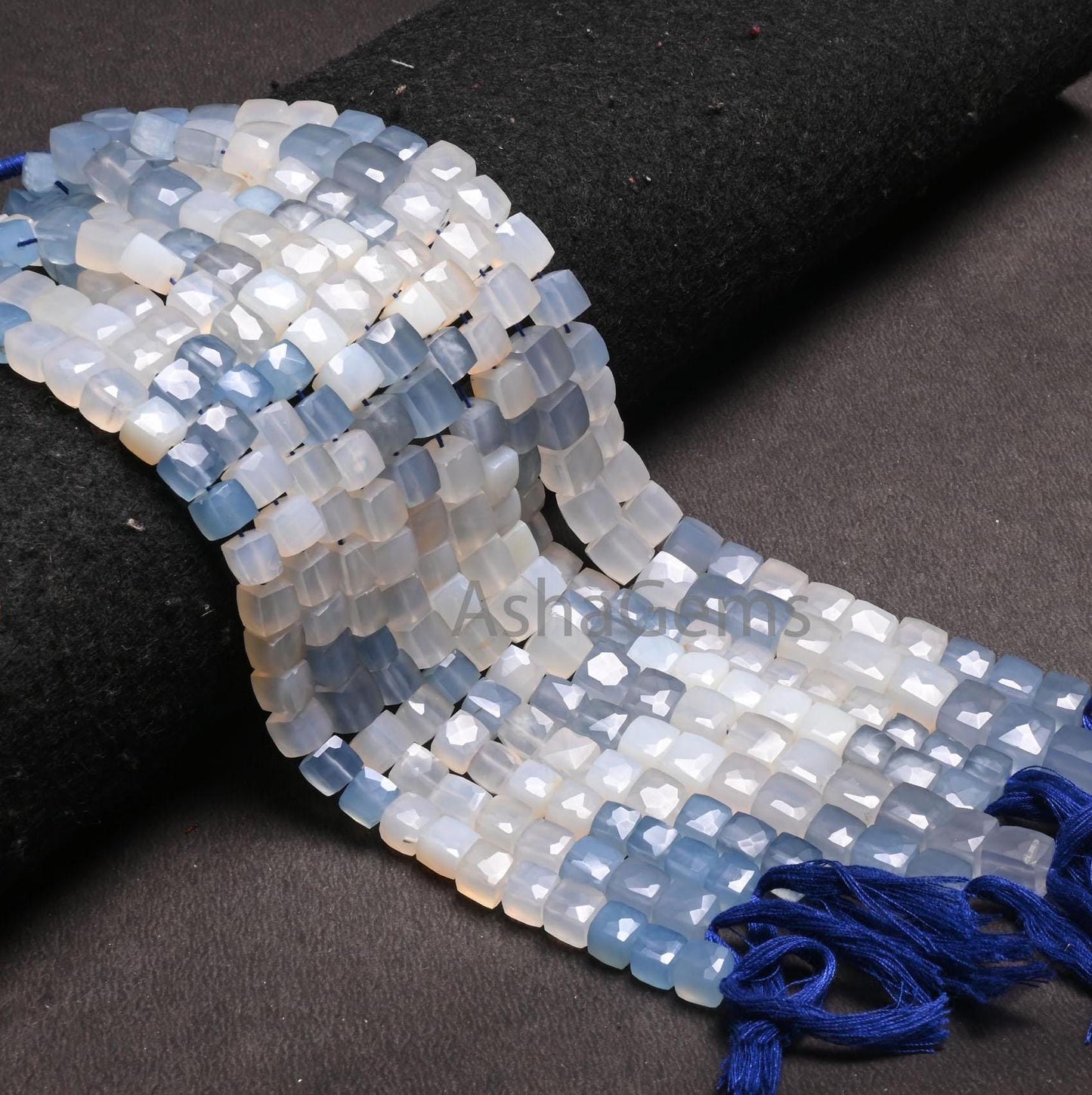 Beautiful Chalcedony Faceted 3D Cube Box Gemstone Beads,8" Shaded White Blue Chalcedony Box Shape Indian Cut Chalcedony Beads Jewelry Crafts