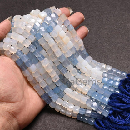 Beautiful Chalcedony Faceted 3D Cube Box Gemstone Beads,8" Shaded White Blue Chalcedony Box Shape Indian Cut Chalcedony Beads Jewelry Crafts