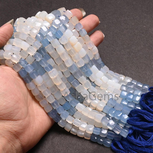 Beautiful Chalcedony Faceted 3D Cube Box Gemstone Beads,8" Shaded White Blue Chalcedony Box Shape Indian Cut Chalcedony Beads Jewelry Crafts
