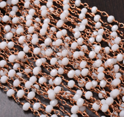 White Agate Hydro Rondelle Faceted Beads Rosary Chain,3.5 mm Rose Gold Plated Copper Wire Wrap handmade Beaded Chain Jewelry Making Necklace