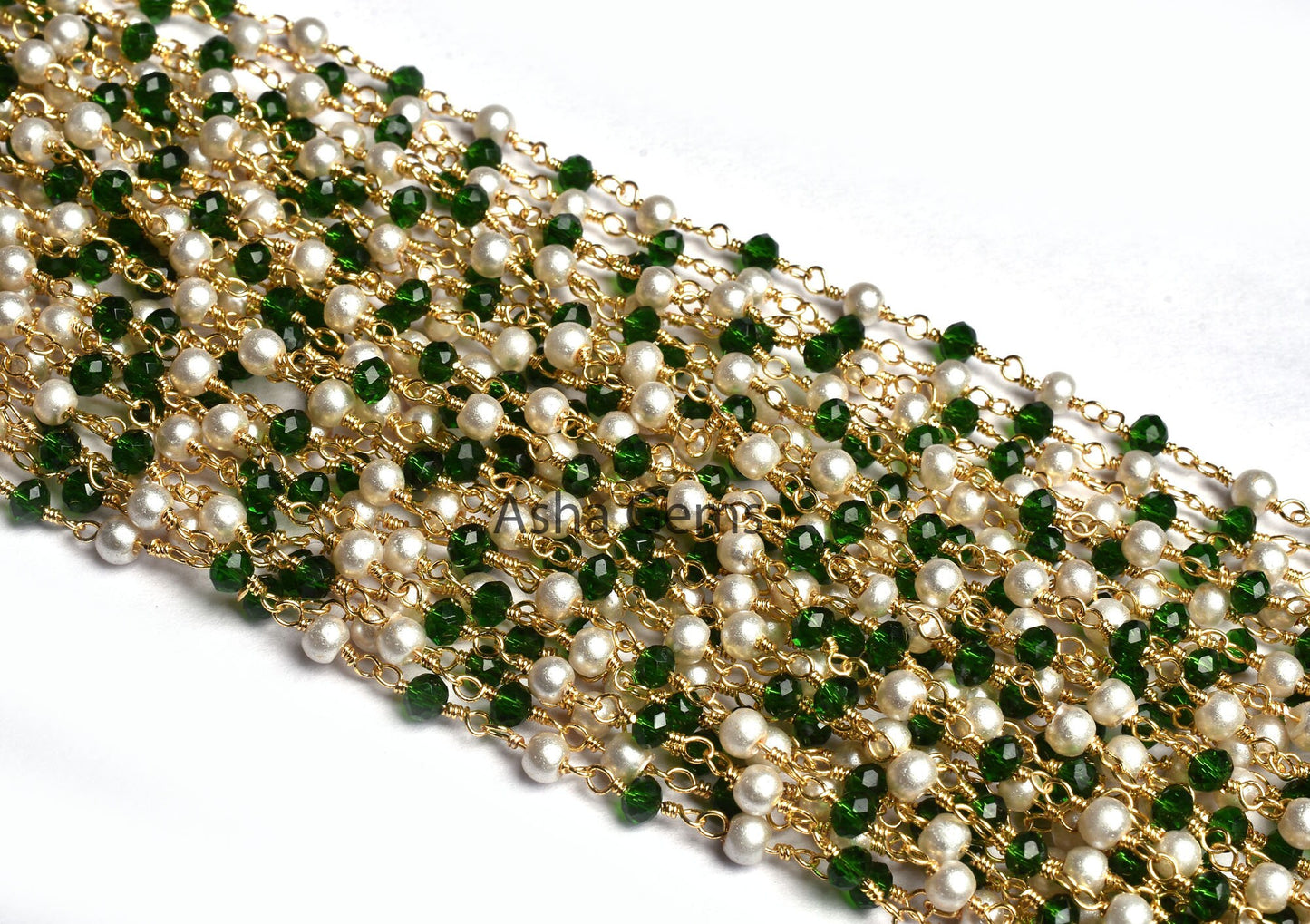 Beautiful White Pearl Chrome Diopside Hydro Faceted Rondelle Beads Rosary Chain Gold Plated Wire Wrapped Chain Jewelry making Finding, Chain
