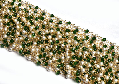 Beautiful White Pearl Chrome Diopside Hydro Faceted Rondelle Beads Rosary Chain Gold Plated Wire Wrapped Chain Jewelry making Finding, Chain