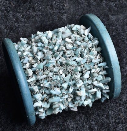 Rare Blue Larimar Beads Rosary Chain, Uncut Chip Chain Smooth Nugget Beaded Rosary Chain, Silver Chain Wire, Finding, Wholesale Rosary Chain