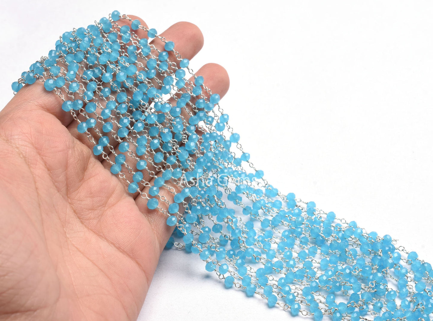AAA Blue Milky Chalcedony Hydro Beads Rosary Chain by feet,4 mm Silver Plated Wire Wrap Micro Cut Rondelle Faceted Bead Chain Rosary Jewelry