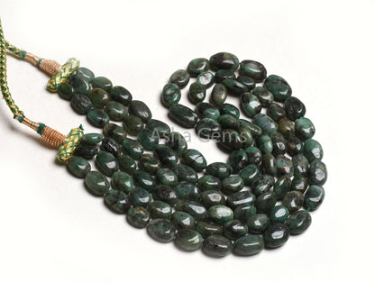 3 Strand Necklace Emerald Oval Smooth Beads, 7x10-12x17 mm Real Green Emerald Plain Handmade Uneven Oval Gemstone Bead Necklace Jewelry SALE