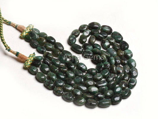 3 Strand Necklace Emerald Oval Smooth Beads, 7x10-12x17 mm Real Green Emerald Plain Handmade Uneven Oval Gemstone Bead Necklace Jewelry SALE