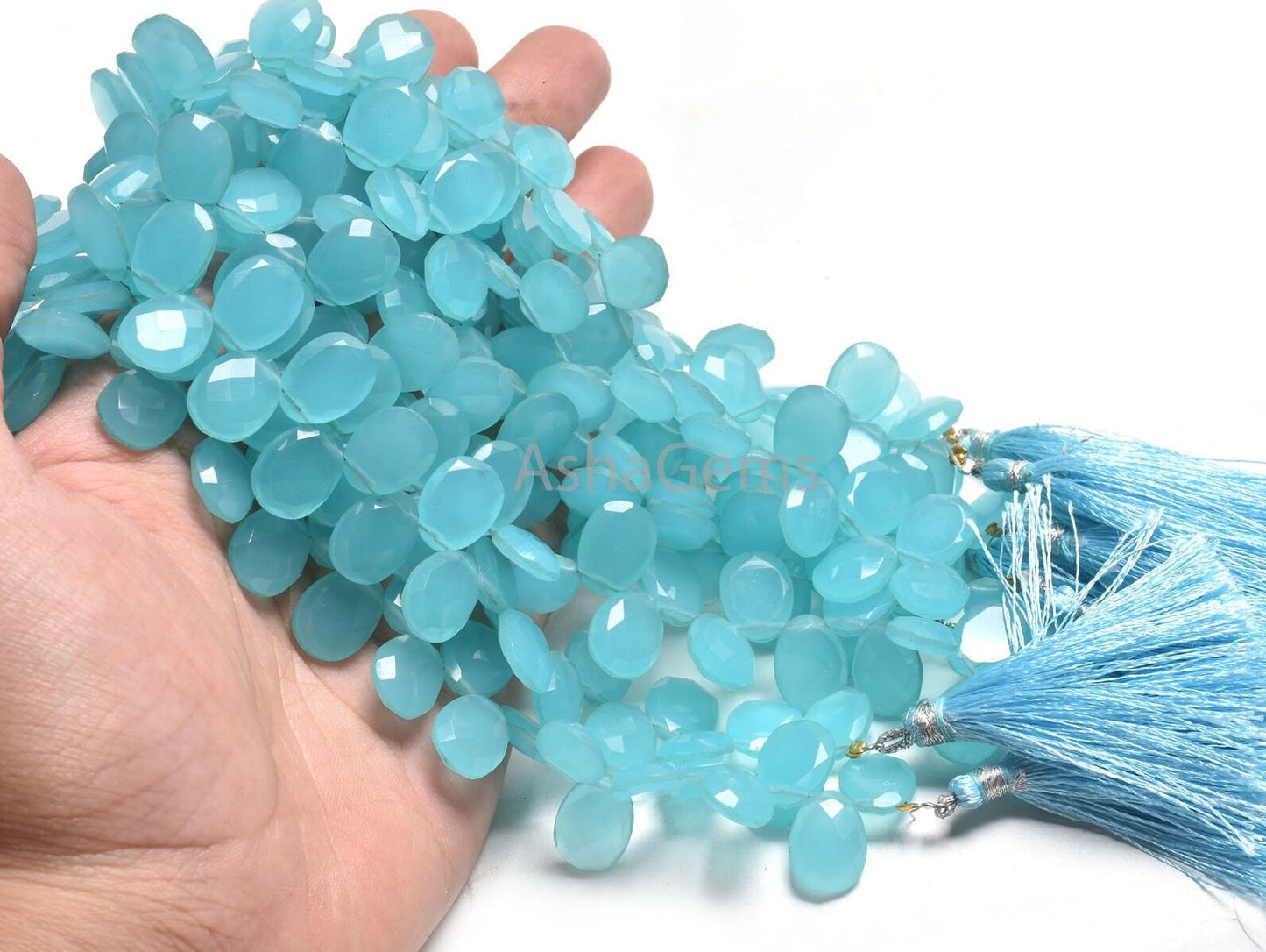 AAA Quality Aqua Blue Chalcedony Hydro Egg Shape Faceted  Beads,10-13.5 mm Chalcedony Hydro Fancy Briolette Side Drill Gemstone Bead Jewelry