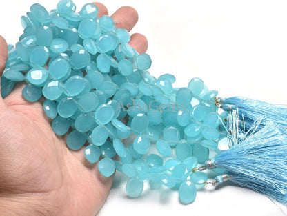 AAA Quality Aqua Blue Chalcedony Hydro Egg Shape Faceted  Beads,10-13.5 mm Chalcedony Hydro Fancy Briolette Side Drill Gemstone Bead Jewelry