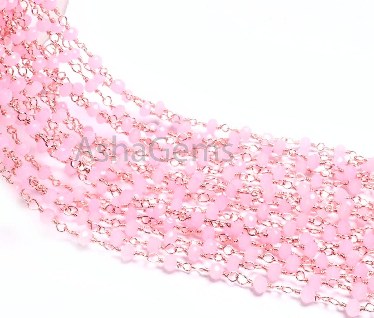 Beautiful Pink Rose Quartz Hydro Faceted Rondelle Beads Chain Bulk Roll Rosary Chain Rose Gold Plated Copper Wire Wrapped Chain Jewelry SALE