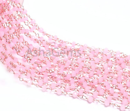 Beautiful Pink Rose Quartz Hydro Faceted Rondelle Beads Chain Bulk Roll Rosary Chain Rose Gold Plated Copper Wire Wrapped Chain Jewelry SALE