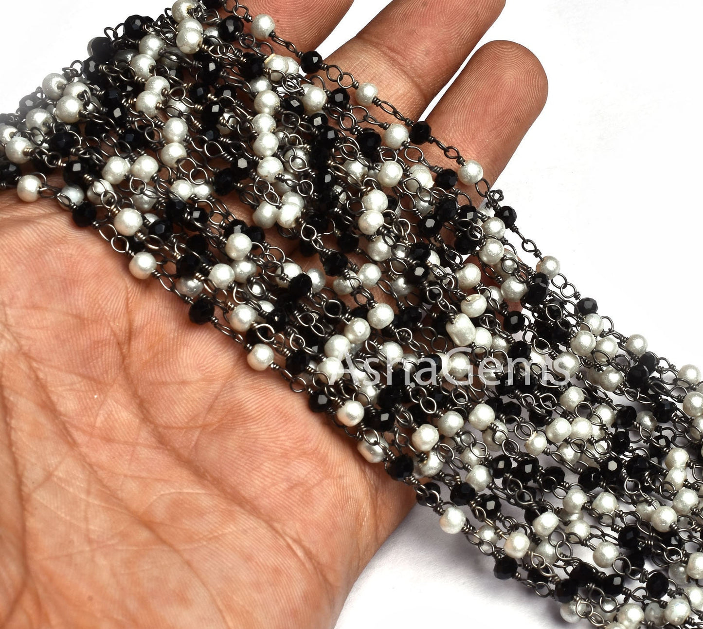 1,5,10,25 feet Beautiful Pearl, Black Spinel Hydro Beads Rosary Chain, Black Metal Plated Multi Color Rondelle Beaded Gunmetal Chain Jewelry