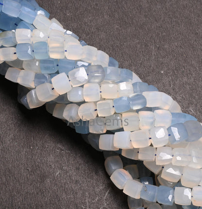 Beautiful Chalcedony Faceted 3D Cube Box Gemstone Beads,8" Shaded White Blue Chalcedony Box Shape Indian Cut Chalcedony Beads Jewelry Crafts