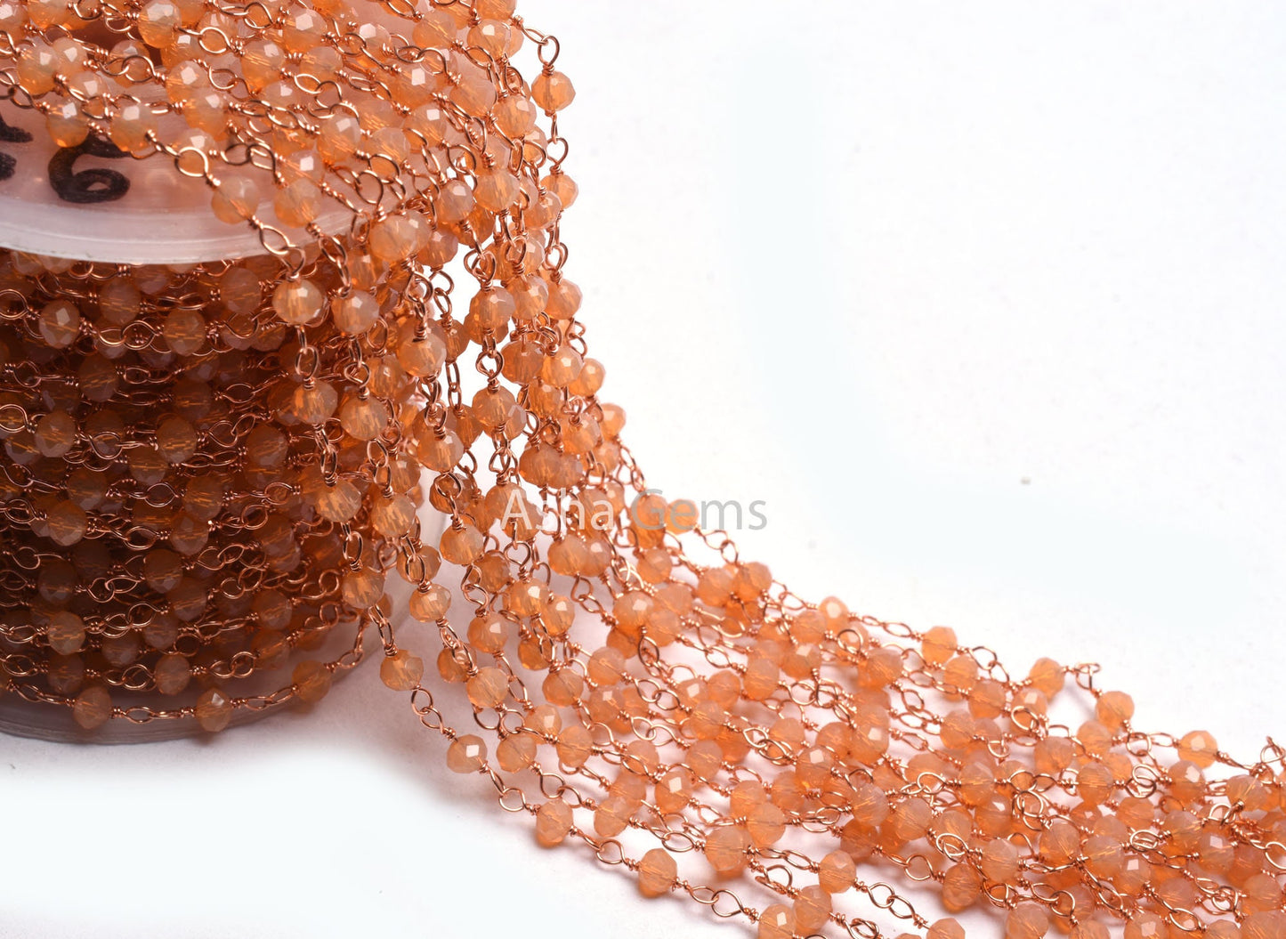 AAA Peach Moonstone Hydro Faceted Rondelle Beads Rosary Chain,4 mm Rose Gold Plated Copper Wire Wrap Beaded Handmade Chain Jewelry Necklace