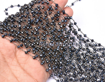AAA Black Spinel Hydro Silver Coated Faceted Rondelle Beaded Rosary Chain Jewelry Making Finding, Black Plated Wire Wrap Handmade Chain Bead