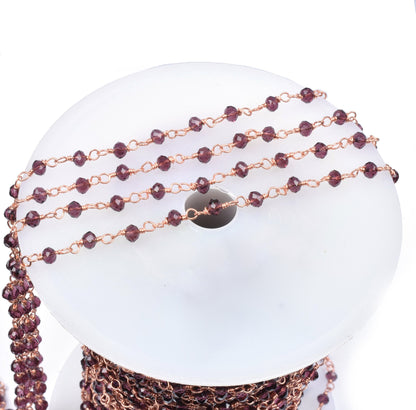 SALE 3,5,10,25 Ft Rhodolite Garnet Hydro Faceted Rondelle Beaded Rosary Chain Rose Gold Plated Wire,Jewelry Making Finding, Chain 3-3.5mm