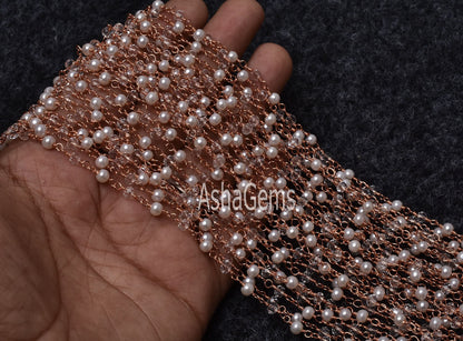 Beautiful Pearl Crystal Quartz Hydro Beads Rosary Chain, Rose gold Plated Copper Wire Wrap Faceted Beaded Chain Necklace Jewelry making SALE
