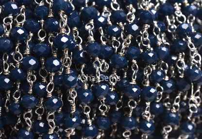 1,3,5,10 Ft Blue Sapphire Hydro Faceted Rondelle Beaded Rosary Chain,Silver,Black Plated Wire,Jewelry Making Chain 3-3.5mm,Bulk Crafts Chain