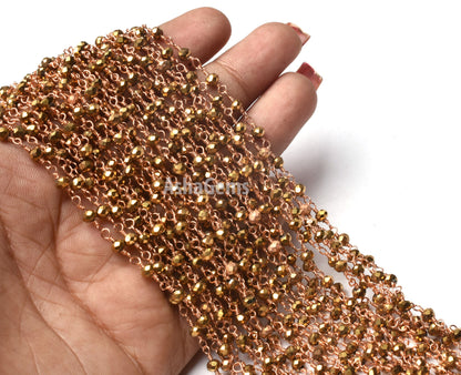 3,5,10,50 Feet Gold Pyrite Hydro Faceted Rondelle Beaded Rosary Chain,3mm,Rose Gold Plated,Wire Wrapped ,Finding,Jewelry Making,Rosary Chain