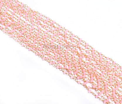 1,5,10,50 Feet Bulk Chain Pink Rose Quartz Hydro Faceted Rondelle Beads Rosary Chain Gold Plated Wire Chain Jewelry Making Chain DIY Finding