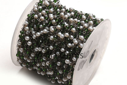 Beautiful Pearl, Chrome Green Hydro Beads Rosary Chain,3 mm Black Plated Gunmetal Wire Wrap Faceted Rondelle Beads Chain Jewelry Making SALE