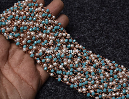 Beautiful Pearl, Blue Turquoise Hydro Rondelle Beads Rosary Chain Multi Color Beaded Rose Gold Plated Wire Roll Chain Jewelry Making Crafts