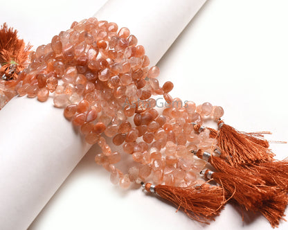 Natural Sunstone Smooth Teardrop Side Drill Beads, Shaded Red Sunstone Plain Handmade Pear Gemstone Briolette Sunstone Bead Jewelry Necklace