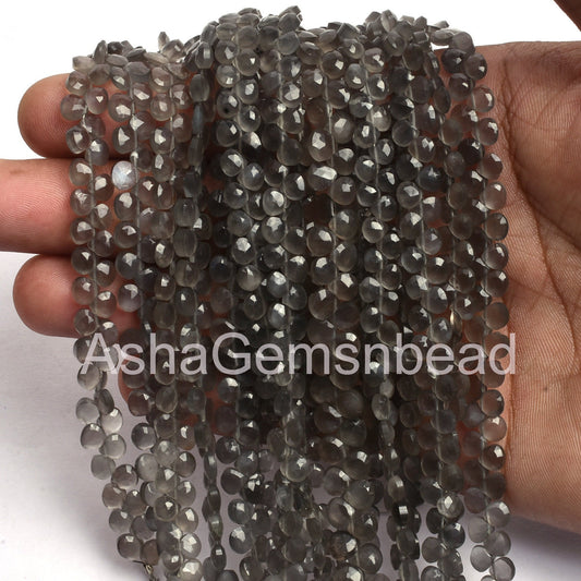 5 mm AAA Quality Moonstone Faceted Heart Shape Beads Gemstone, Natural dark Grey Moonstone Machine Cut Heart Briolette Beads Jewelry Makings