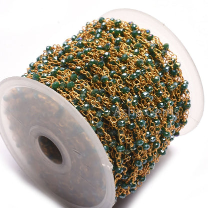 3,10,50 Feet Green Hydro Coated Beads Rosary Chain, Gold Plated Wire Wrap 3mm Micro Cut Rondelle Beaded Chain Jewelry Making handicraft SALE