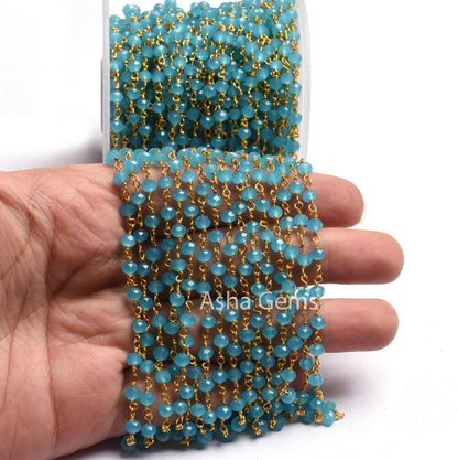 4 mm Blue Milky Chalcedony Hydro Beads Rosary Chain 1,3,5,10,25 Feet Gold Plated Wire Wrap Faceted Rondelle Beaded Rosary Chain Jewelry SALE