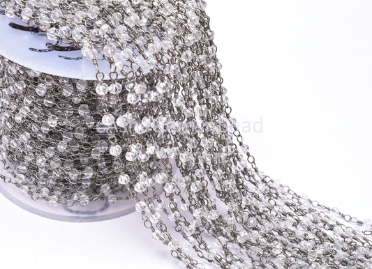 3,5,10,25 Feet,Crystal Quartz Hydro Rondelle Faceted Beads Rosary Chain, Black Plated Wire Jewelry Chain,Finding,3.5mm,Beaded Chain Gunmetal