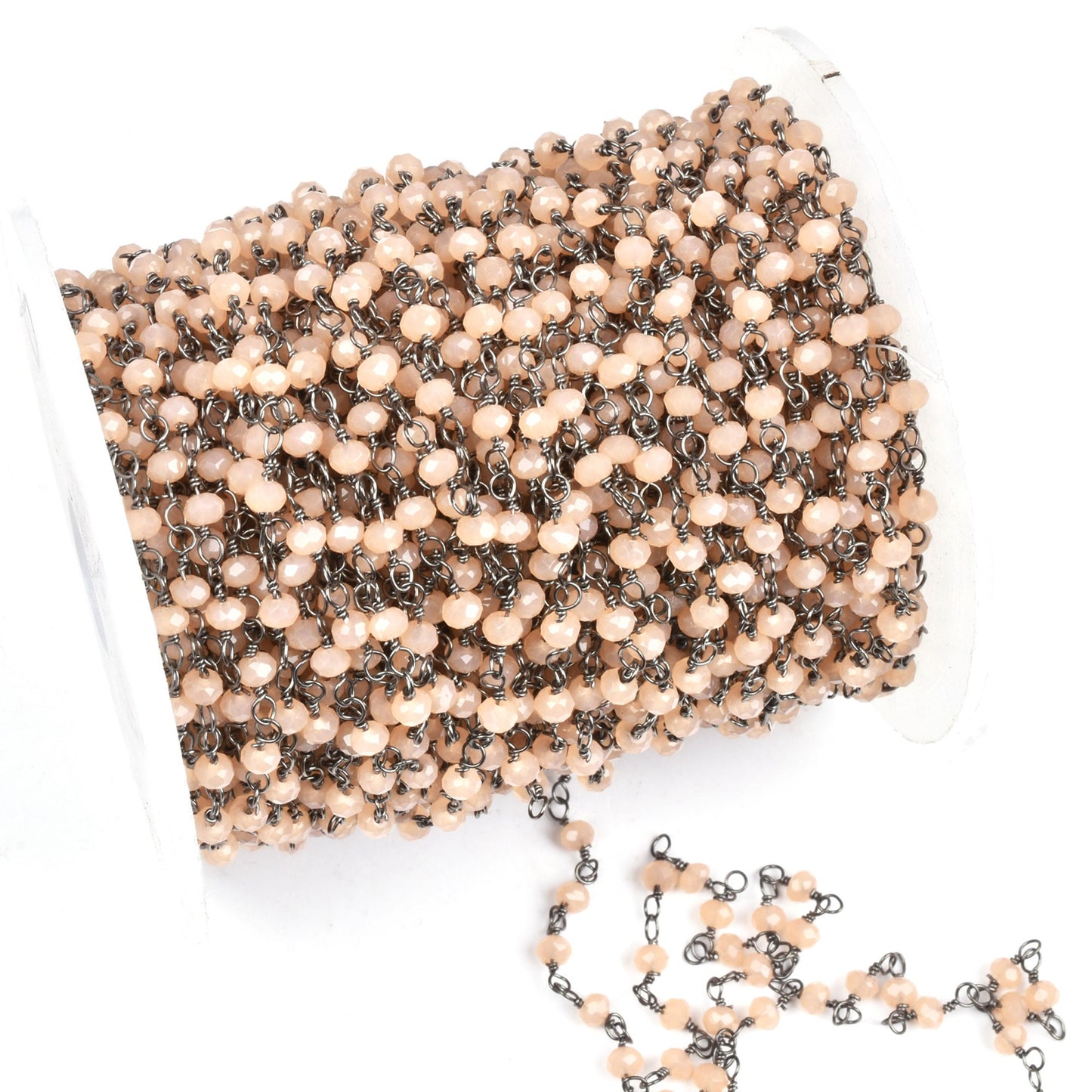 3,5,10,25 Foot,Peach Moonstone Hydro Rondelle Faceted Beaded Rosary Chain Black Metal Plated Wire,Jewelry Making,Finding,3-3.5mm,Bulk Chain