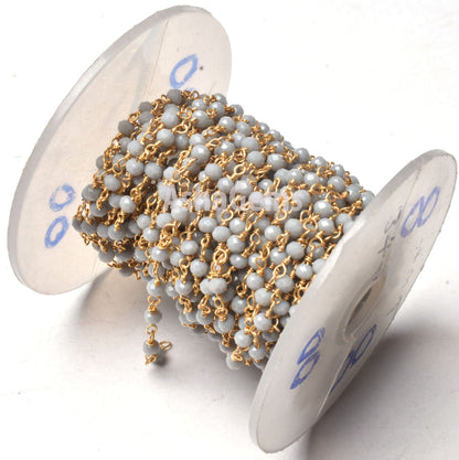 Grey Moonstone Hydro Beads Rosary Chain, Gold Plated Wire Wrap Jewelry Making Chain,3 mm Faceted Beads Chain Bulk Jewelry Making Craft SALE