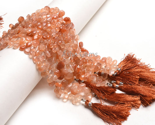 Natural Sunstone Handmade Pear Side Drill Beads, Shaded Red Sunstone Smooth Teardrop Briolette Gemstone Beads,8" Sunstone bead Jewelry Craft