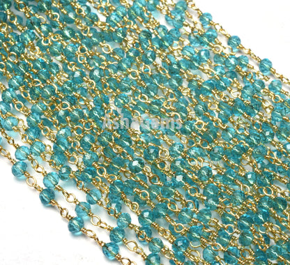 SALE 3,5,10,25 Feet Blue Topaz Hydro Faceted Rondelle Beaded Rosary Chain Gold Plated Wire,Jewelry Making Finding,Wire Wrapped Chain 3-3.5mm