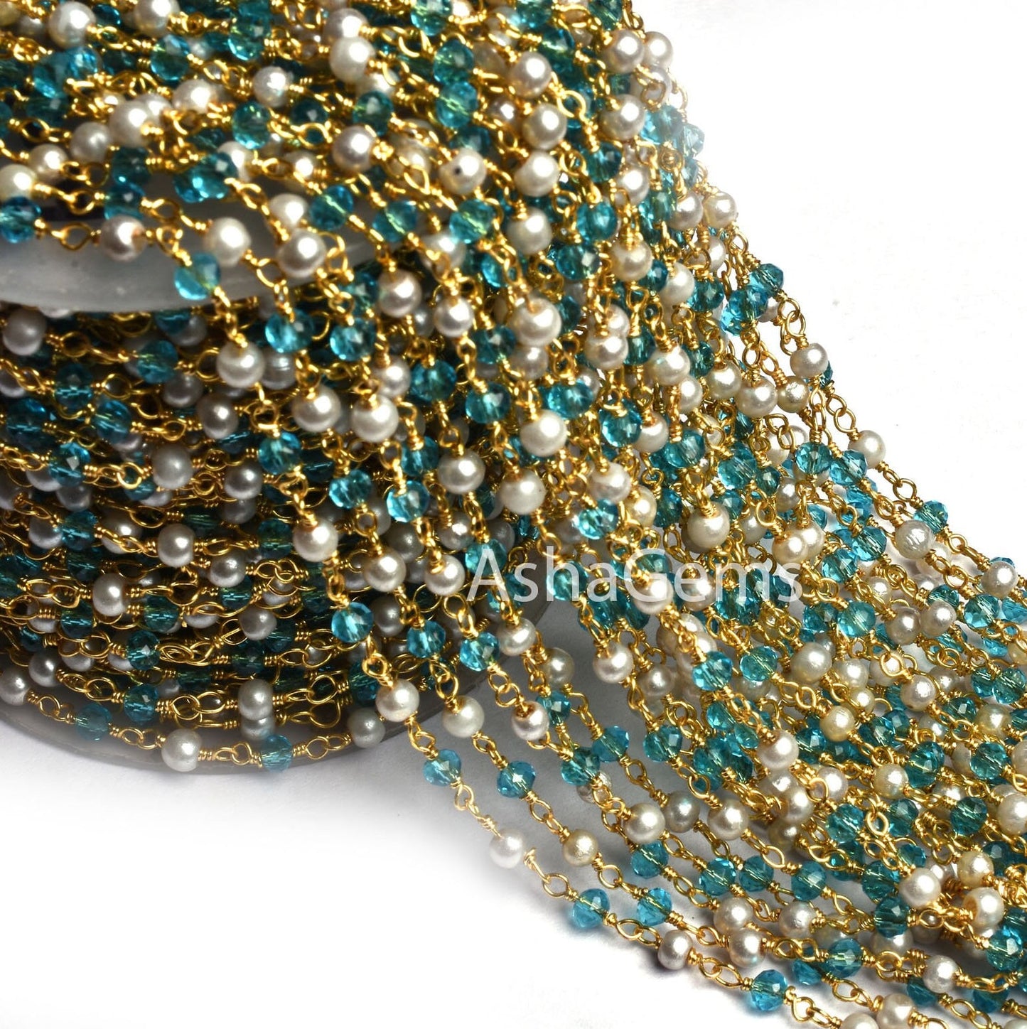 Beautiful White Pearl, Blue Topaz Hydro Beads Rosary Chain Gold Plated Wire Wrap Rondelle Beaded Chain 3 mm Jewelry Making handicraft Chain