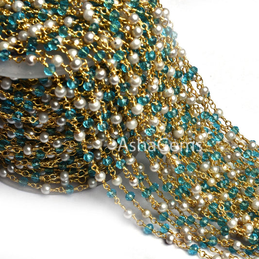 Beautiful White Pearl, Blue Topaz Hydro Beads Rosary Chain Gold Plated Wire Wrap Rondelle Beaded Chain 3 mm Jewelry Making handicraft Chain