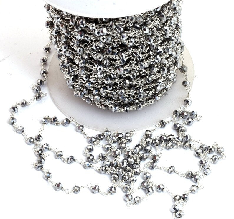 SALE 3,5,10 Feet,Silver Pyrite Hydro Faceted Rondelle Beaded Rosary Chain Silver Plated,Jewelry Making, Finding,Wire Wrapped Chain,3-3.5 mm