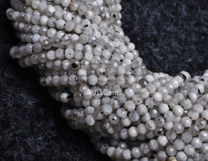 3 mm Rare Moss rainbow Moonstone Faceted Rondelle Beads, Natural Black Dot White Rainbow Machine Cut Gemstone Beads, Blue Fire Rainbow Beads
