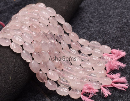 8" strand Natural Pink Rose Quartz Carved Oval Shape Gemstone Beads, Rose Quartz Fancy Carving Handmade Drill Bead For Jewelry Necklace SALE