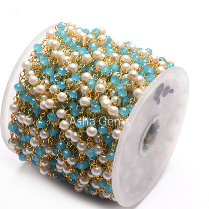 Beautiful Pearl, Blue Chalcedony Hydro Beads Rosary Chain,4 mm Multi Color Rondelle Gold Plated Wire Wrap Bulk Handmade Chain Jewelry Making