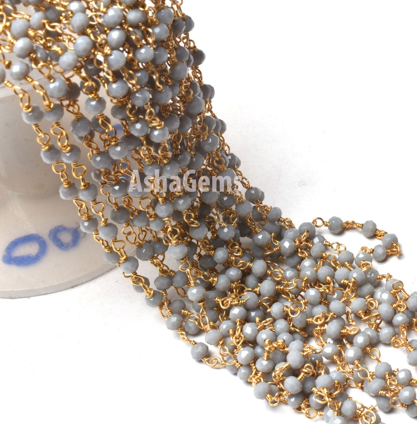 Grey Moonstone Hydro Beads Rosary Chain, Gold Plated Wire Wrap Jewelry Making Chain,3 mm Faceted Beads Chain Bulk Jewelry Making Craft SALE