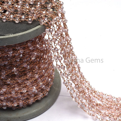 Beautiful Pink Rose Quartz Hydro Faceted Beads Rosary Chain Rose Gold Plated Copper Wire Wrap Beaded Rondelle Chain Rosary Jewelry Craft 3mm