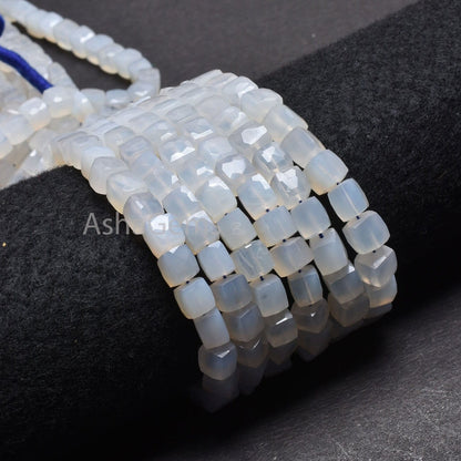 8" Strand White Chalcedony Faceted Cube Gemstone Beads, Natural Chalcedony Indian Cut 3D Cube Box Center Drill Bead Chalcedony Beads Jewelry