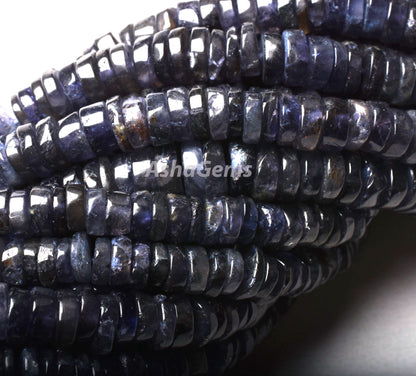 Blue Iolite Smooth Heishi Tyre Beads, Natural Iolite Beads, Iolite Plain Flat Tyre Gemstone Beads, Wheel Shape Beads For Jewelry Making SALE