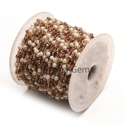Rosary Chain by Foot Pearl Garnet Hydro Faceted Beads Chain Gold Plated Wire Bulk Roll Jewelry Making Rondelle Beaded Rosary Chain Craft DIY