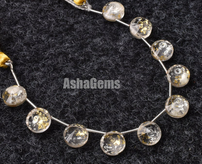 10 Pc Crystal Quartz Gold Foil Doublet Round Faceted Beads, Gold Foil Quartz Doublet Cut Stone Side Drill Beads, Gemstone Faceted Cabochons